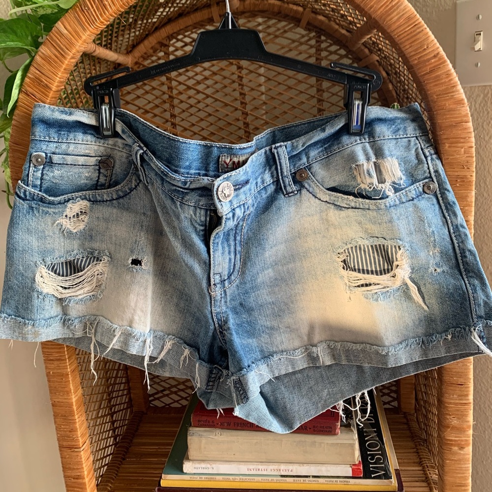 Distressed denim shorts